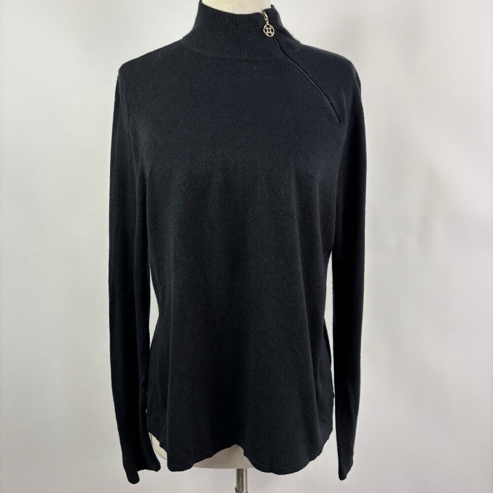 Luxe 360  Women’s Sweater M Black Mock Neck Turtle Neck Gold Zipper MCM Madmen